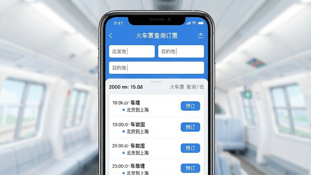 主体:智能手机屏幕展示“火车票查询订票”主界面,上方显示出发地、目的地输入框,中间为车次列表。布局:手机居中,界面清晰,列表按时间排列。排版:界面元素有序,信息层级分明。风格:扁平化设计,蓝白主色调,现代感。细节:屏幕中显示“北京到上海”字样,车次旁有“预订”按钮。画质:高清渲染,干净,无多余元素。