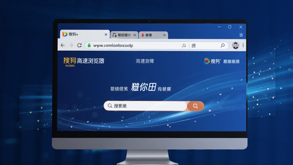 一张现代感十足的科技风格图片,主体是搜狗高速浏览器的主界面在电脑屏幕上展示,画面包含多标签页、地址栏、搜索框等元素,布局清晰,背景为深蓝色渐变,风格简约大气,细节展现极速光效和流畅线条,画质高清干净,无多余元素。