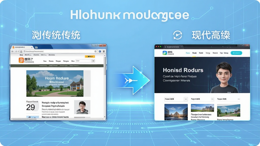 一张展示搜狗高速浏览器双核切换功能的示意图,画面左侧是传统网页,右侧是高速渲染的现代网页,中间有动态切换箭头,背景为浅蓝色科技网格,布局左右对称,风格科技感强,细节体现速度与稳定性,画质清晰干净,无多余元素。