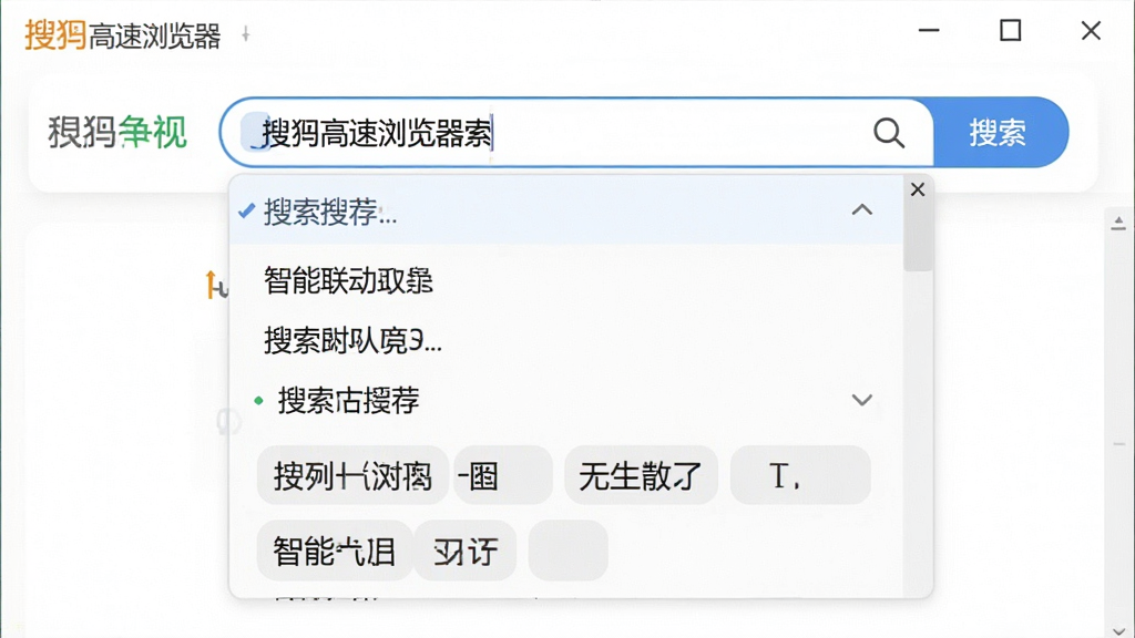一张展示搜狗高速浏览器搜索联动功能的界面截图,画面中地址栏输入关键词后下拉出现搜索建议和输入法候选词,背景为白色干净界面,布局简洁明了,风格清新友好,细节突出智能推荐,画质清晰干净,无多余元素。