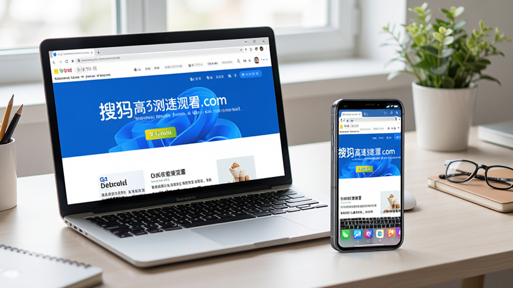 一张搜狗高速浏览器在电脑和手机上的同步使用场景图,画面中一台笔记本电脑和一部手机并排放置,屏幕显示同一个网页,背景为干净的工作台,布局自然,风格生活化,细节体现跨设备协作,画质清晰干净,无多余元素。