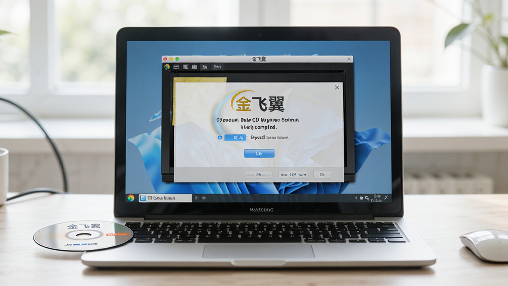 金飞翼音乐CD刻录大师在笔记本电脑上运行的实拍场景,屏幕中显示刻录完成提示,旁边放置一张光盘,环境明亮,构图居中,风格写实,细节清晰,画质干净,无多余元素