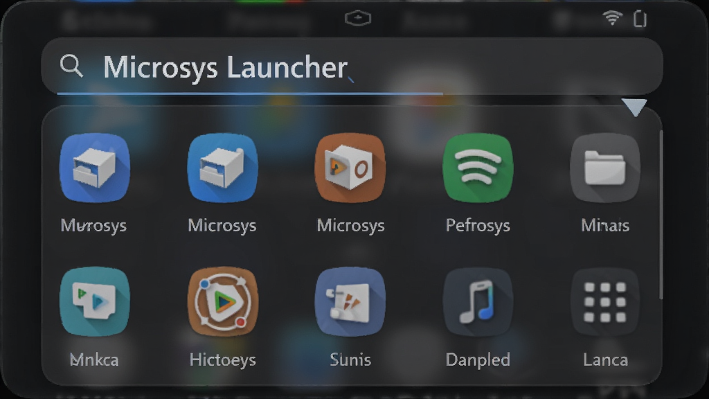 一张展示Microsys Launcher快速搜索功能的预览图,搜索框位于顶部,下拉列表显示匹配的程序图标和名称,背景为深色半透明玻璃质感,高亮显示搜索关键词,画质清晰,排版整洁无多余元素