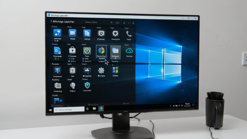一张展示Microsys Launcher在Windows电脑上运行的实拍图,屏幕中显示软件主界面,分组列表清晰,鼠标指针悬浮在某个图标上,背景为干净的办公桌面,画质高清,无多余元素