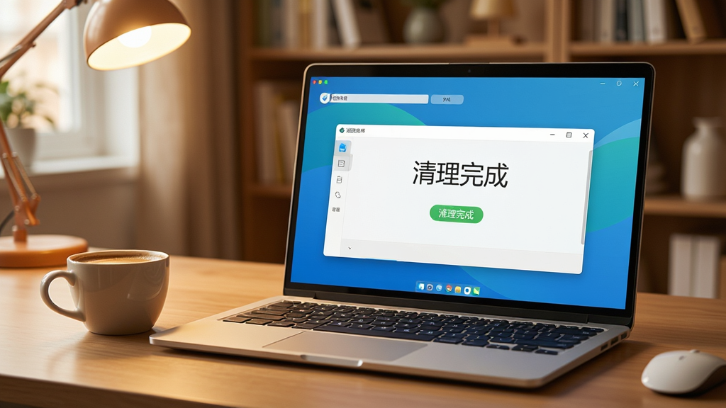 电脑清理大师在笔记本电脑上运行的实拍图,屏幕清晰显示“清理完成”界面,周围环境为温馨的书房,键盘旁放着一杯咖啡,整体色调温暖,画面干净,突出软件实用性,画质细腻