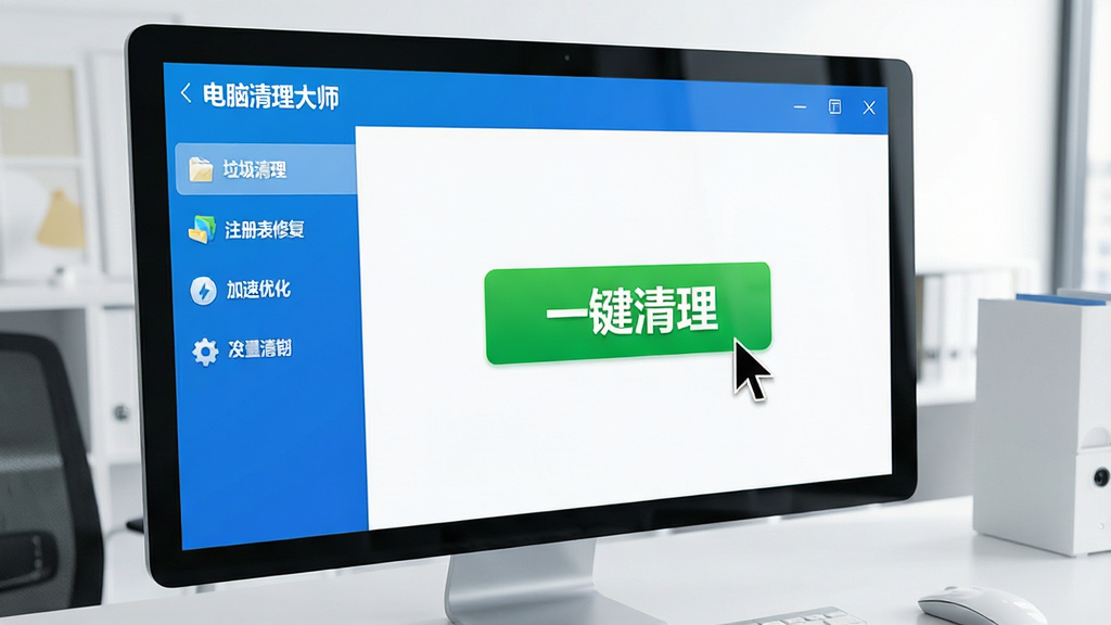 一张电脑屏幕前展示“电脑清理大师”主界面的高清截图,界面为蓝白配色,中央有醒目的“一键清理”绿色按钮,左侧功能列表包含垃圾清理、注册表修复、加速优化等图标,背景为整洁的现代办公桌,鼠标光标悬停在按钮上,整体画面明亮清晰,干净无杂物,突出专业与易用性,画质细腻