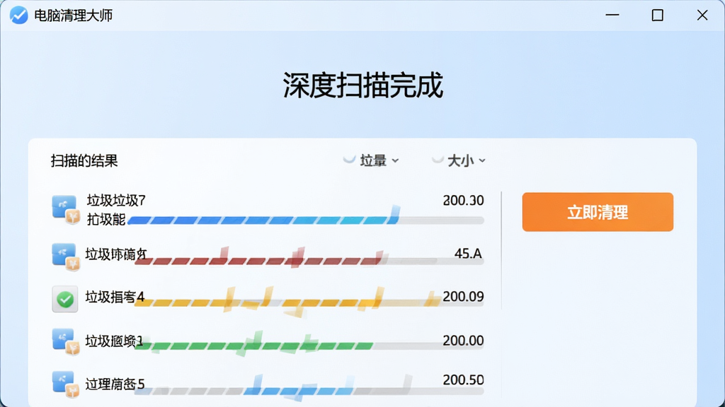 电脑清理大师软件界面显示“深度扫描完成”的页面,扫描结果列表展示各类垃圾文件数量与大小,旁边有“立即清理”橙色按钮,界面背景为淡蓝色渐变,数据条采用彩色进度条,整体风格简洁现代,文字清晰,画质干净