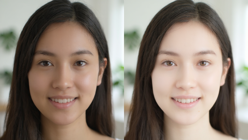 YouCam AI美颜功能效果对比图,左侧原始画面,右侧磨皮美白后的效果,面部细节清晰,肤色自然,背景虚化,画面干净明亮,风格写实,画质高清