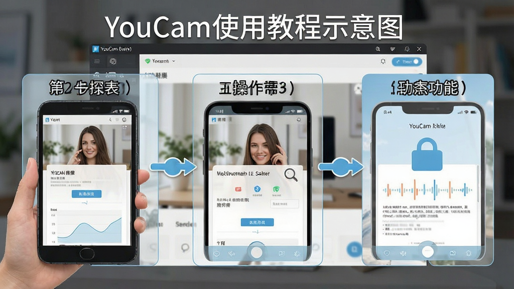 YouCam使用教程示意图,画面展示软件操作步骤与功能标注,背景为软件界面截图,风格清晰,布局规整,细节丰富,画质干净