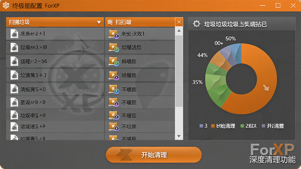 一把刀终极配置ForXP深度清理功能运行界面,屏幕上显示扫描出的各类垃圾文件列表,配以大小和类型图标,右侧为饼状图展示各类垃圾占比,底部是“开始清理”按钮,整体界面以橙色和灰色搭配,突出清洁与高效,软件名称水印置于右下角,画面干净,风格写实