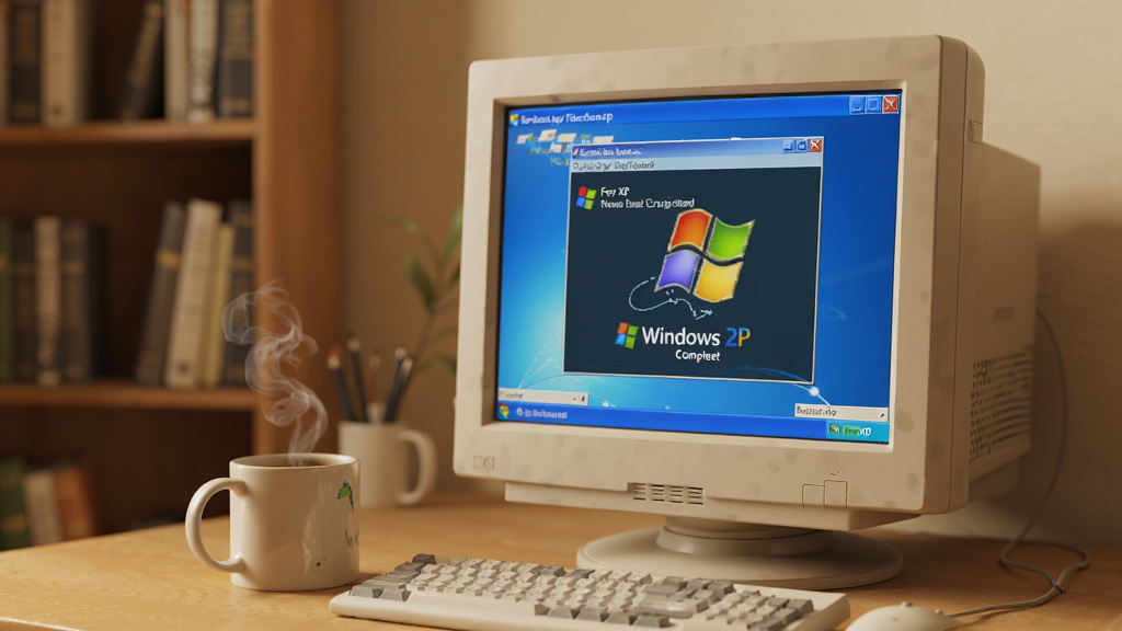 一把刀终极配置ForXP使用场景示意图,一台运行Windows XP系统的老式台式机显示器上显示着软件优化完成的界面,旁边放着一杯咖啡,环境为简洁的书房,整体风格温馨,写实,画质干净,突出软件易用性
