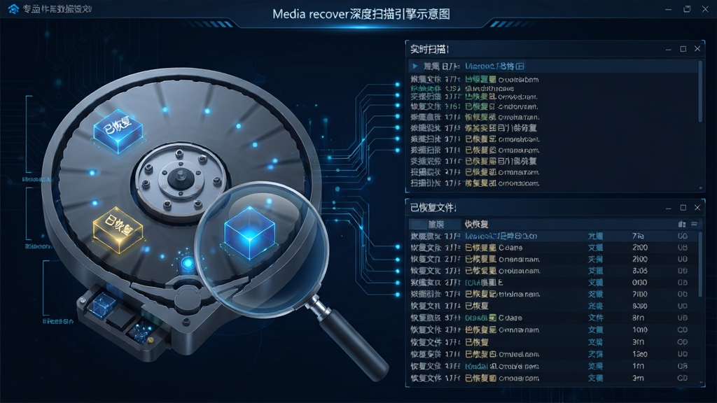 主体:Media recover深度扫描引擎示意图,磁盘扇区被放大显示,高亮标记找回的数据块;布局:左侧磁盘结构图,右侧实时扫描日志与已恢复文件列表;排版:科技感界面,蓝色数据流线条贯穿;风格:专业数据恢复软件风格,深色背景搭配亮色数据点;细节:数据块标注