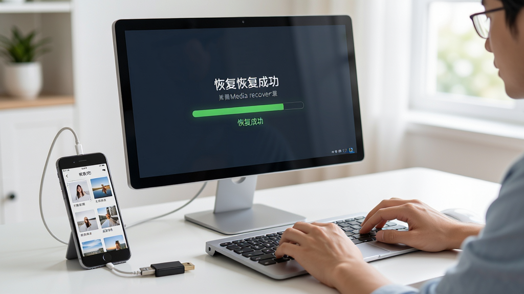主体:用户正在电脑上使用Media recover恢复手机照片,手机连接电脑,屏幕显示恢复进度;布局:电脑屏幕居中,手机与U盘放在旁边,操作者手部动作;排版:写实风格,明亮的室内环境;风格:生活化场景,真实感强;细节:屏幕中可见
