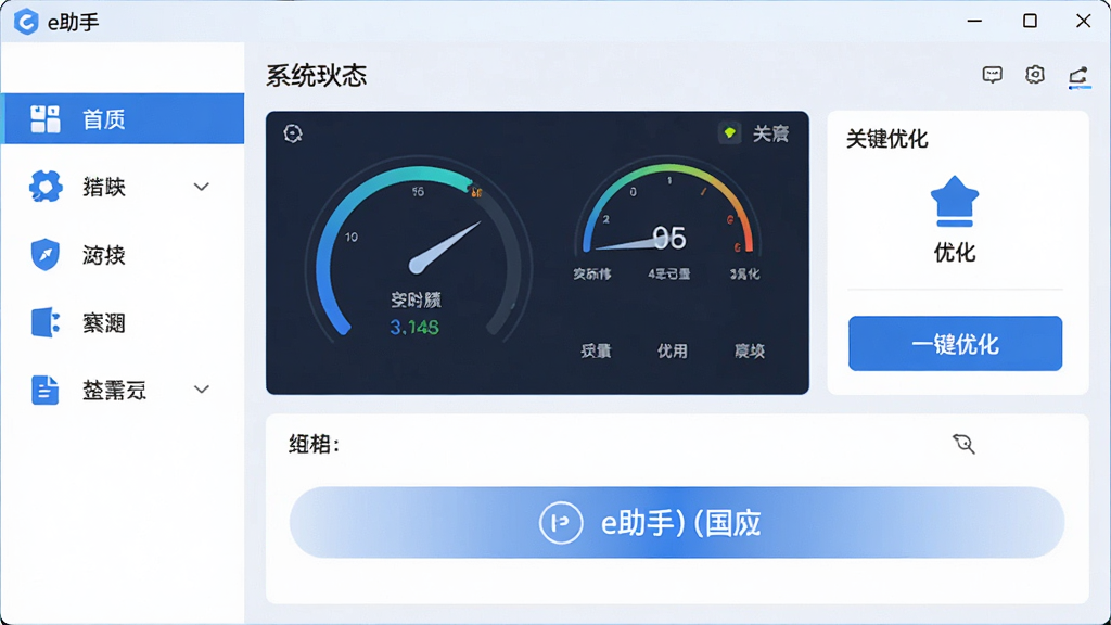 一幅展示e助手(国内版)主界面的高清截图,界面设计简洁现代,左侧功能导航栏清晰列出各项工具图标,右侧主区域展示系统状态仪表盘与一键优化按钮,整体色调以蓝色和白色为主,布局规整,画质清晰,干净无多余元素,突出软件的易用性和专业性。