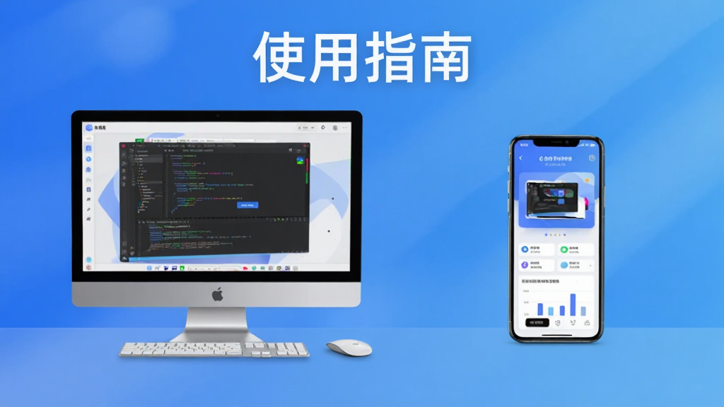 展示e助手(国内版)在电脑和手机上的使用场景对比图,左侧为电脑端界面,右侧为手机端界面,背景为渐变蓝色,整体风格现代,画面清晰,文字“使用指南”出现,干净无多余元素。