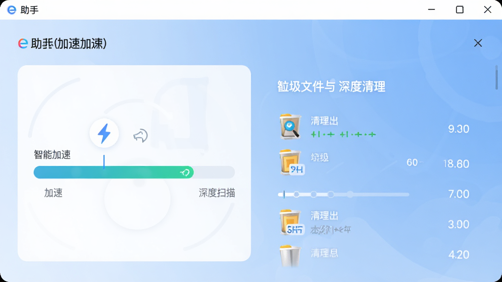 展示e助手(国内版)智能加速与深度清理功能的操作界面,左侧为加速扫描进度条,右侧显示清理出的垃圾文件大小统计,背景为淡蓝色渐变,界面干净整洁,文字“智能加速”和“深度清理”清晰可见,整体风格简约专业,画质高清。