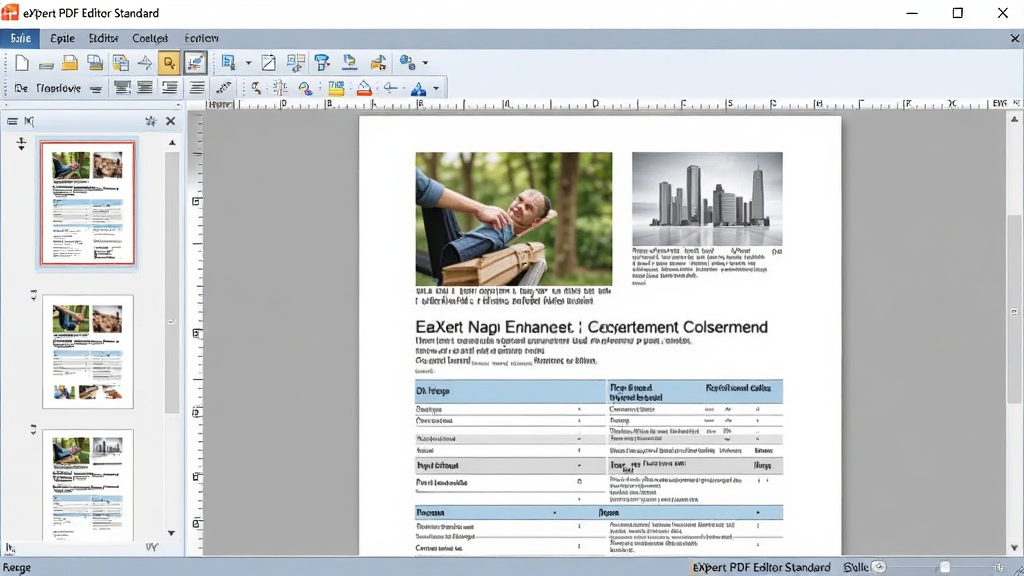 һ��չʾeXPert PDF Editor Standard����������ĸ����ͼ������Ϊ��������ʱ��ȫò�������Ǿ����Windows�����������ڣ��Ϸ�Ϊ�˵��������������ҳ������ͼ���������м���������ΪPDF�ĵ��༭����������ʾһ�ݴ���ͼƬ�ͱ���Ĳ�ɫ�ĵ����Ű����������Ϊ�ִ����������������棬ϸ�ڰ���������ʾ�ı༭����ͼ���״̬����Ϣ�����������ɾ����޶���Ԫ��