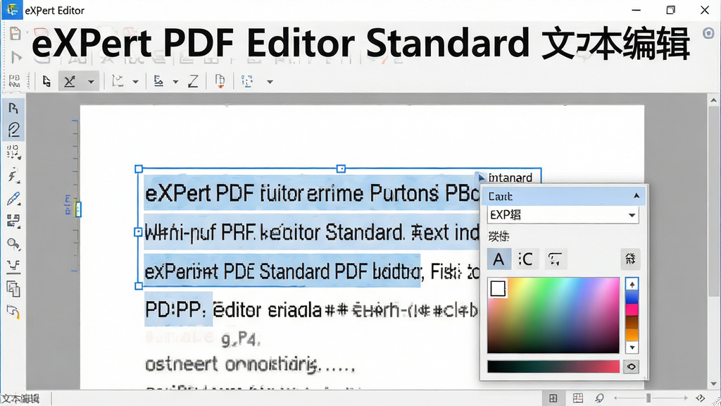 һ��չʾeXPert PDF Editor Standard�ı��༭���ܵ���дͼ���������������������ڱ༭��PDF�ı������ֱ���ɫ������ѡ�в�������������С���ڣ�����Ϊ�����ֲ���ͼ�����Ϊ�����Ľ���չʾ��ϸ�ڰ������������˵�����ɫѡ���������ʸɾ����޶���Ԫ�أ�����������ʾ��eXPert PDF Editor Standard �ı��༭��