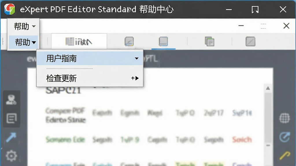 һ��չʾeXPert PDF Editor Standard���������˵��Ľ�ͼ���������������涥���ġ������������˵�����������������࣬ϸ�ڰ������û�ָ�ϡ��͡������¡�ѡ����ʸɾ����޶���Ԫ�أ�������ʾ��eXPert PDF Editor Standard �������ġ�