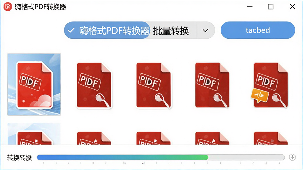 嗨格式PDF转换器批量处理界面,显示多个PDF文件同时添加,下方有转换进度条,界面布局规整,功能按钮明显,文字标注
