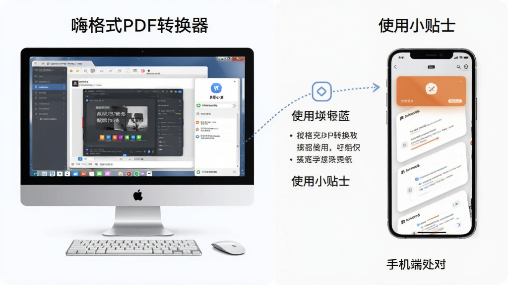 嗨格式PDF转换器使用技巧示意图,展示电脑端和手机端操作对比,左侧为电脑界面,右侧为手机界面,配以文字说明“使用小贴士”,画质高清,干净整洁