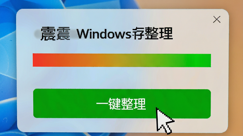 展示嘉震Windows内存整理“一键整理”按钮的特写,鼠标指针悬停在醒目的绿色按钮上,界面背景为半透明毛玻璃效果,内存占用条从红色渐变到绿色,画面明亮清晰,强调简洁高效的操作体验,画质干净,无多余元素。