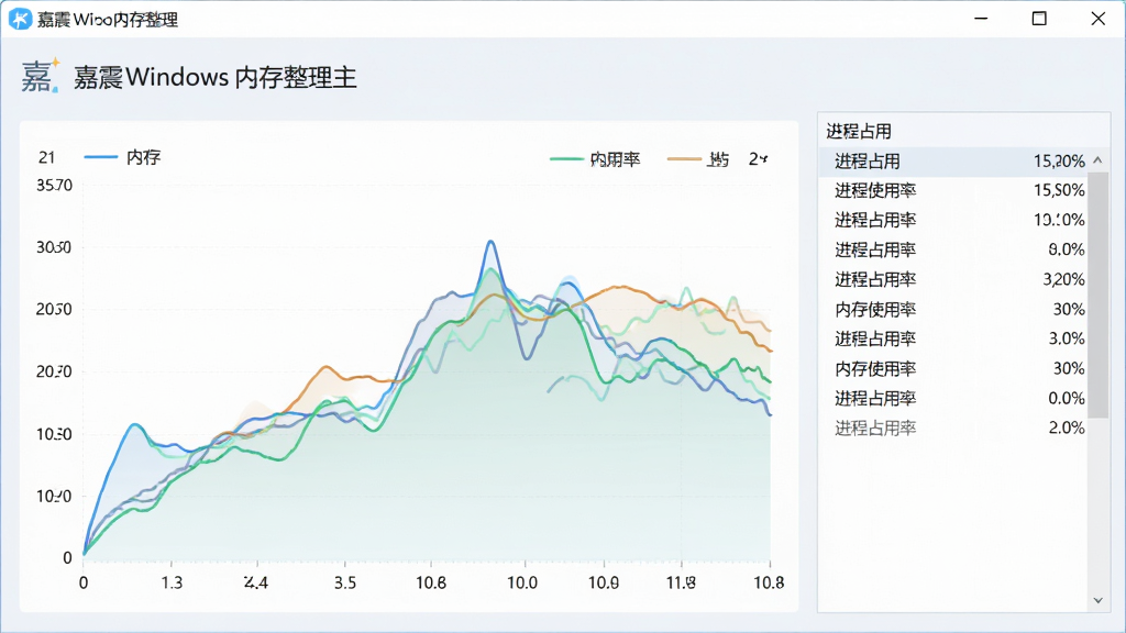 嘉震Windows内存整理主界面展示实时内存监控曲线图,图表线条流畅,显示内存使用率变化,右侧有“进程占用”列表,整体UI风格现代简约,背景为浅色系,文字清晰,画质干净,无多余元素。