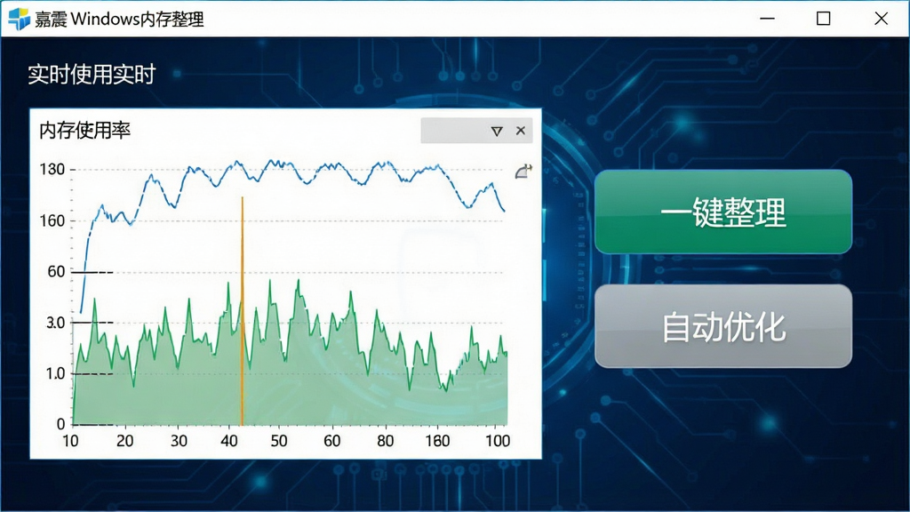 一幅展示嘉震Windows内存整理软件主界面的高清截图,界面简洁大方,左侧为内存使用率实时图表,右侧为“一键整理”和“自动优化”功能按钮,背景为深蓝色科技风格,整体布局清晰,文字标签清晰可读,画质干净,无多余元素。