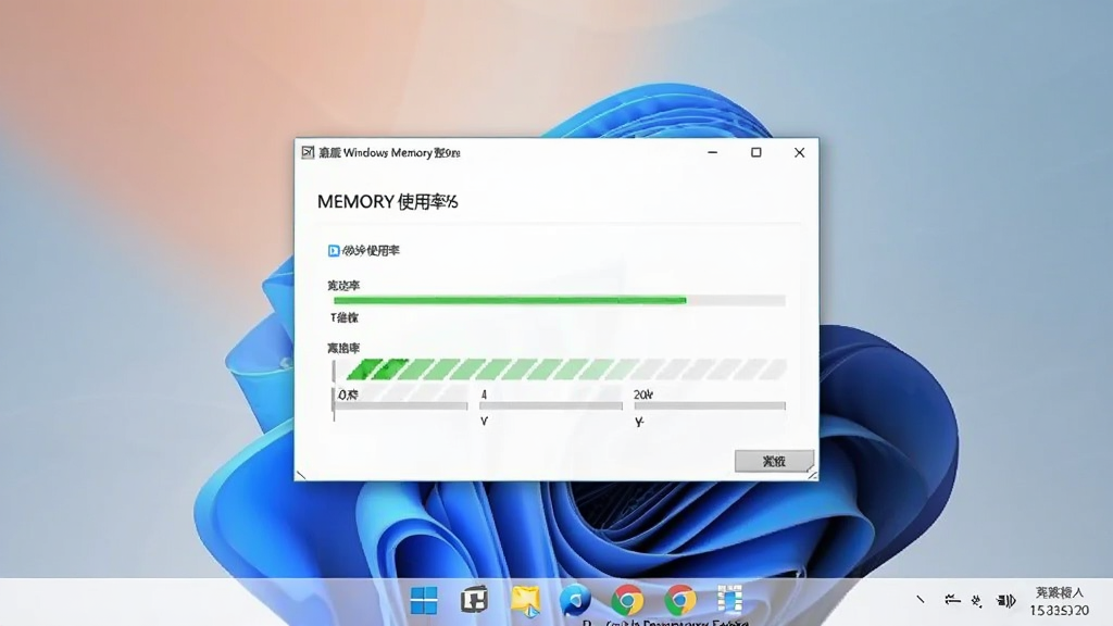 展示嘉震Windows内存整理软件在Windows 11系统上运行的实景图,桌面背景为简约风景,软件窗口位于中央,显示内存使用率低,界面清晰,整体色调和谐,画质干净,无多余元素。