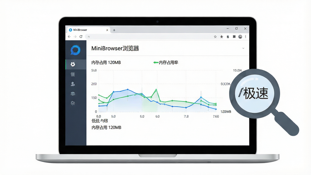 主体:一台笔记本电脑屏幕上显示MiniBrowser浏览器的性能监控面板,展示低CPU和内存占用率的图表。布局:电脑屏幕为画面中心,旁边放置一个放大镜图标暗示“极速”。排版:图表以蓝色和绿色线条表示,数值较低,背景为纯白色。风格:扁平化数据可视化风格,简洁清晰。细节:面板左上角有“MiniBrowser浏览器”字样,图表下方标注“内存占用 120MB”等文字。画质:高清,干净无多余元素。