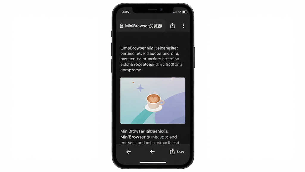 主体:MiniBrowser浏览器在手机上的界面,显示一个深色模式的网页。布局:手机竖屏居中,屏幕内展示浏览器工具栏与网页内容。排版:网页以文字为主,配有一张图片,整体风格协调。风格:现代扁平化,色彩柔和。细节:屏幕上方状态栏显示“MiniBrowser浏览器”,底部有前进、后退、分享按钮。画质:高清,干净无多余元素。