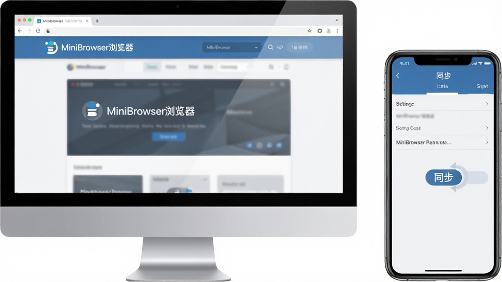 主体:一台电脑和一部手机并排放置,屏幕上同时显示MiniBrowser浏览器的界面,表示跨设备同步。布局:电脑在左,手机在右,背景为白色。排版:电脑屏幕显示网页,手机屏幕显示设置界面。风格:简洁商务风,色彩以蓝灰为主。细节:电脑屏幕上有“MiniBrowser浏览器”的logo,手机上有“同步”字样。画质:高清,干净无多余元素。