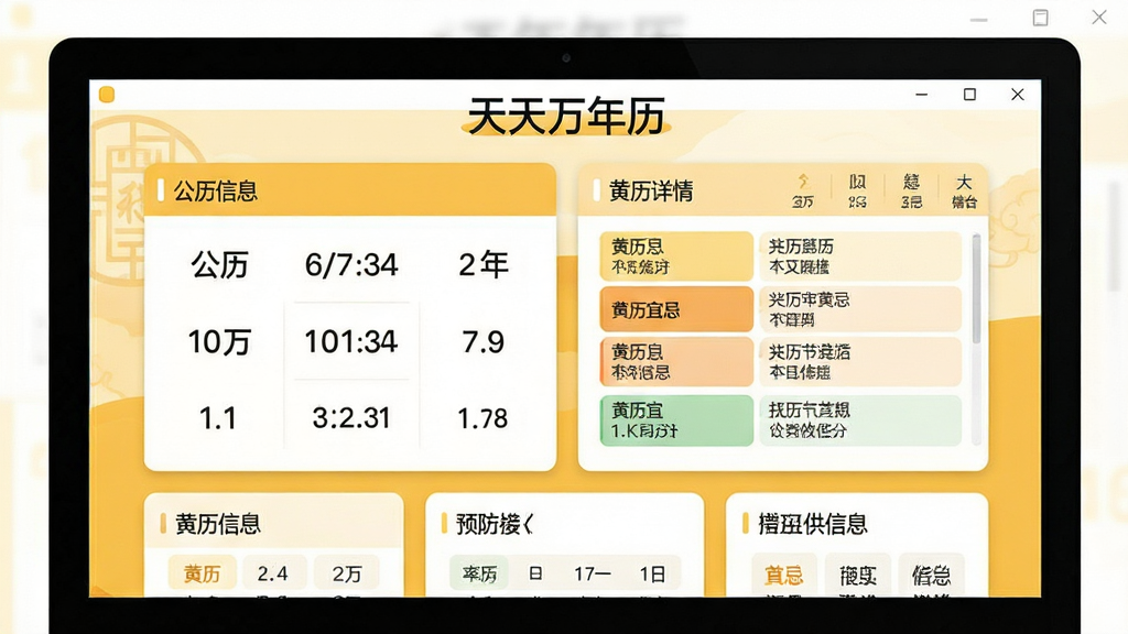 主体:天天万年历软件主界面在电脑屏幕上的展示,包含公历农历对照、黄历宜忌信息。布局:界面居中,四周留白,上方显示软件名称“天天万年历”字样,下方为功能模块分区预览。排版:清晰的功能卡片式布局,左侧日期信息,右侧黄历详情。风格:现代简约扁平化设计风格,配色以暖黄色和白色为主,体现传统与现代结合。细节:界面文字清晰可读,日期数字醒目,黄历宜忌用不同颜色标注。画质:4k分辨率,高清细节,干净整洁,无多余元素。