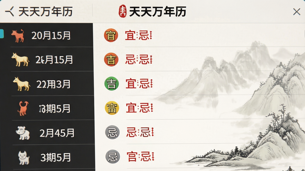 主体:天天万年历软件黄历功能界面特写,展示宜忌列表和冲煞信息。布局:界面以列表形式垂直排列,左侧为日期与生肖,右侧为详细的宜忌条目。排版:条目式布局,每条宜忌前有图标点缀,色彩区分吉凶。风格:古风与现代结合,背景有淡雅的水墨山水纹理。细节:文字清晰,宜用红色标注,忌用灰色标注,顶部有“天天万年历”品牌标识。画质:高清细腻,色彩舒适,干净无多余元素。