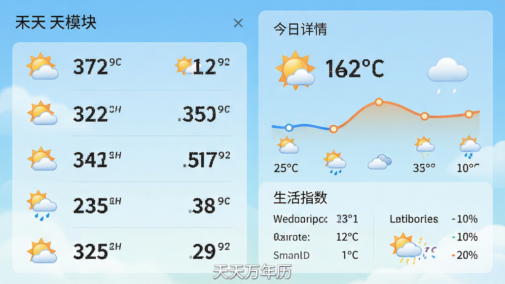 主体:天天万年历软件的天气预报模块展示,包含温度曲线和天气图标。布局:界面左右分布,左侧为未来几日天气列表,右侧为今日详情与生活指数。排版:天气图标与温度数字组合,信息直观。风格:清新自然风格,背景为淡蓝色渐变,象征天空。细节:天气图标生动形象,温度数字大而清晰,底部有“天天万年历”品牌水印。画质:高保真渲染,画面干净,无多余元素。