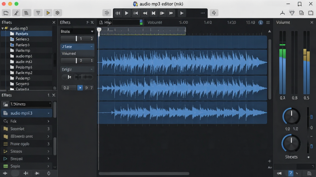һ��չʾaudio mp3 editor������ĸ����ͼ��������������ɫ����ʱ���Შ�α༭�������Ϊ�ļ��б�����Ч��壬�Ҳ�����������Ч������ť�����岼�ּ������������ִ���UI�ɾ��޶���Ԫ�أ�����ϸ�壬ͻ��������רҵ��������