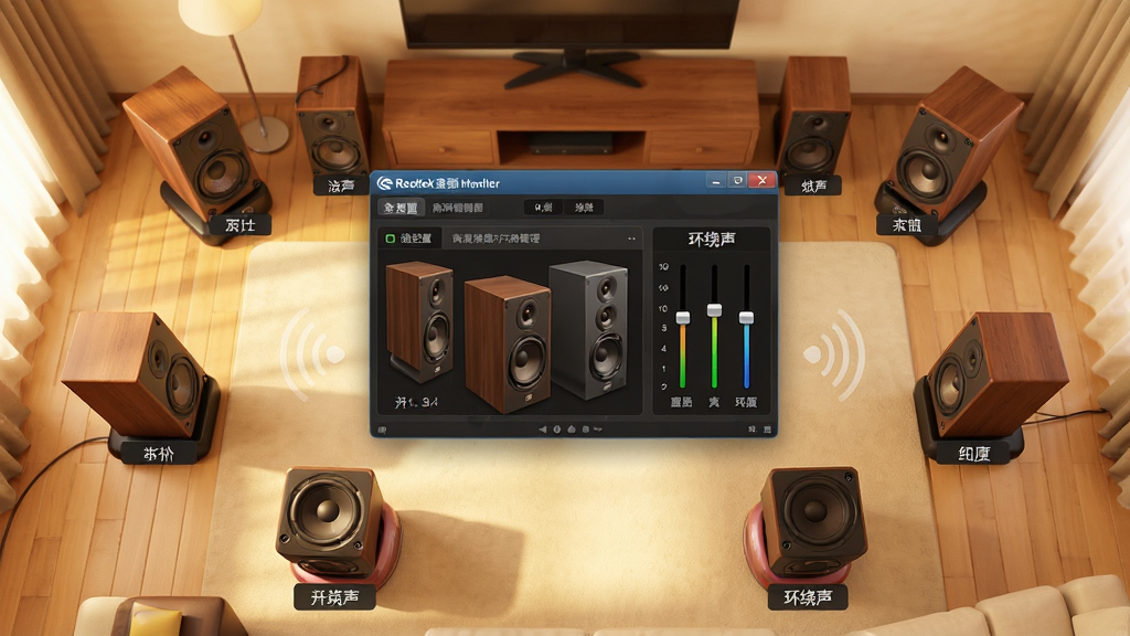 主体:客厅中5.1声道音箱布局俯视图,中央为Realtek高清晰音频管理器界面;布局:音箱环绕排列,管理器界面悬浮于中心;排版:界面中显示声道配置图与音量滑块;风格:3D渲染配合UI,暖色调;细节:每只音箱标注声道名称,界面有“环绕声”字样;画质:高清,干净无多余元素
