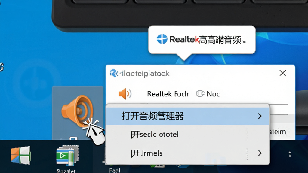 主体:电脑桌面右下角托盘区域,橙色喇叭图标被鼠标点击,弹出Realtek高清晰音频管理器菜单;布局:托盘图标特写,菜单展开显示“打开音频管理器”选项;排版:菜单简洁,图标上方有提示气泡;风格:写实截图风格,Windows 10界面;细节:橙色的喇叭图标、菜单文字;画质:高清,干净无多余元素