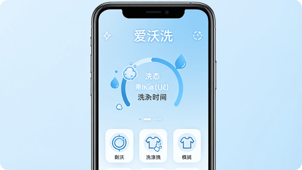 ����Ϊһ�������ֻ���Ļ��ʾ����ϴ�����棬��Ļ�Ϸ��С�����ϴ��������������չʾϴ�»�����״̬��ʣ��ʱ�䡢ϴ��ģʽͼ�꣬����Ϊǳ��ɫ���䣬���־��У��Ű�����������ִ���࣬ϸ�ڰ���ˮ�Ρ���ĭ������ͼ�꣬���ʸ���ɾ����޶���Ԫ��