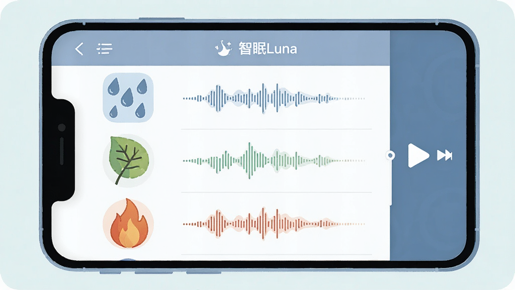 一幅扁平插画风格的手机界面图,展示“智眠Luna”的音频库列表。界面左侧是各类音频图标,如雨滴、树叶、火焰,右侧是播放控制条。主体是手机屏幕占满画面,布局采用列表式排列,排版整齐,风格清新淡雅,细节上音频波形条带有律动效果,画质干净,无多余元素。