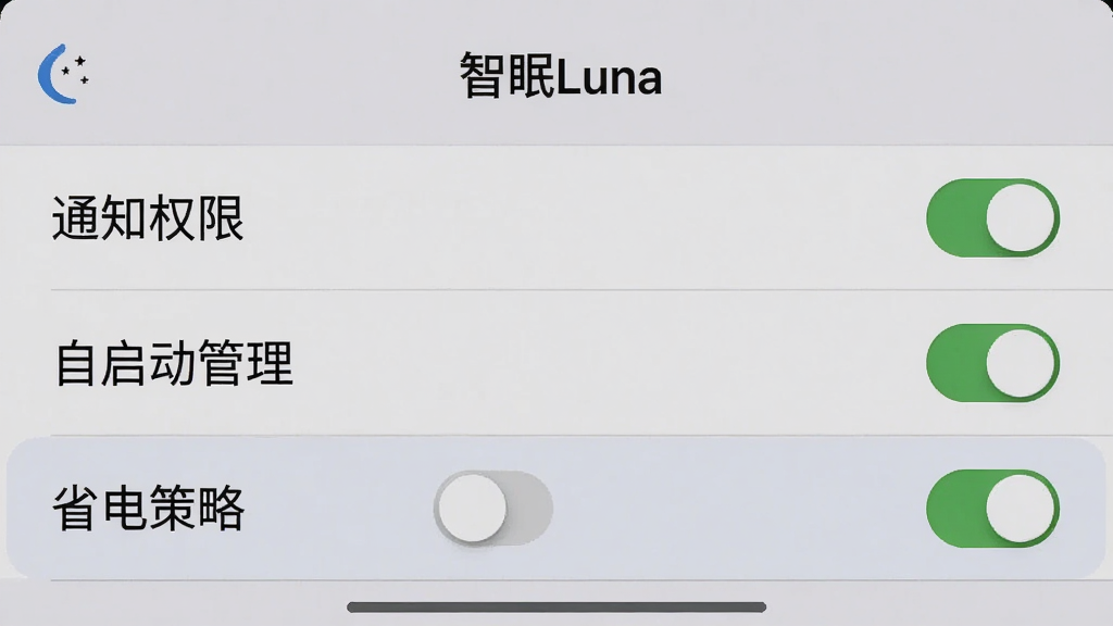 一张手机横屏使用的截图,画面中展示“智眠Luna”的设置页面,包含“通知权限”、“自启动管理”、“省电策略”三个选项高亮显示,背景为浅灰色的设置列表。主体是设置界面,布局为列表式,排版简洁,风格写实,细节上每个选项旁有开关按钮,画质清晰,无多余元素。