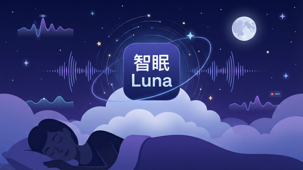 一幅以深蓝色和紫色为主色调的科技感宣传海报,画面中央是“智眠Luna”的APP图标悬浮在柔软云朵之上,图标周围环绕着星轨和声波动态线条,背景是宁静的星空与月亮,前景有用户安睡剪影。布局采用中心构图,排版简洁大气,风格为扁平化结合微光效,细节上突出睡眠数据的可视化波形,画质高清干净,无多余元素。