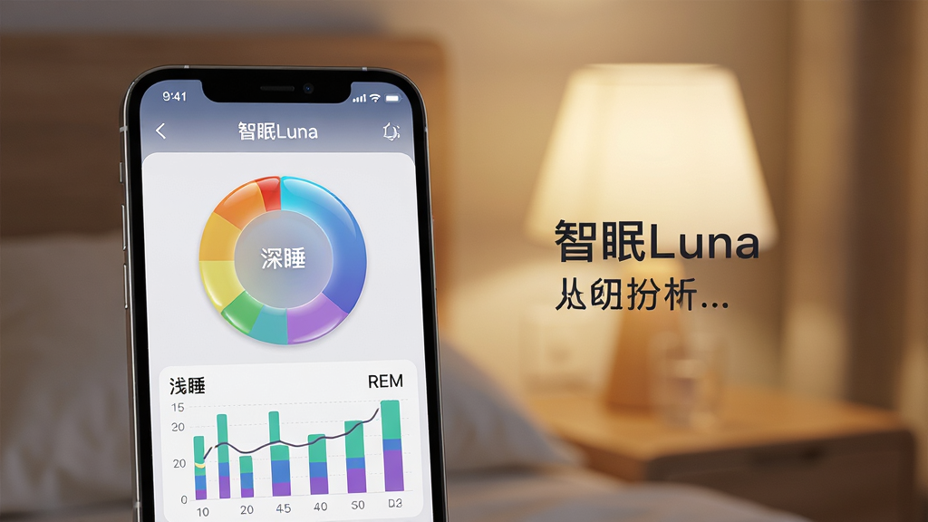 手机界面特写,屏幕上显示“智眠Luna”的睡眠分析图表,包含彩色环形图和柱状图,标注“深睡”、“浅睡”、“REM”字样。主体是手机与背景柔和的床头灯光,布局为手机居中偏左,右侧留白放置文字说明,排版清晰直观,风格写实,细节展示图表的光泽感,画质细腻干净,无多余元素。