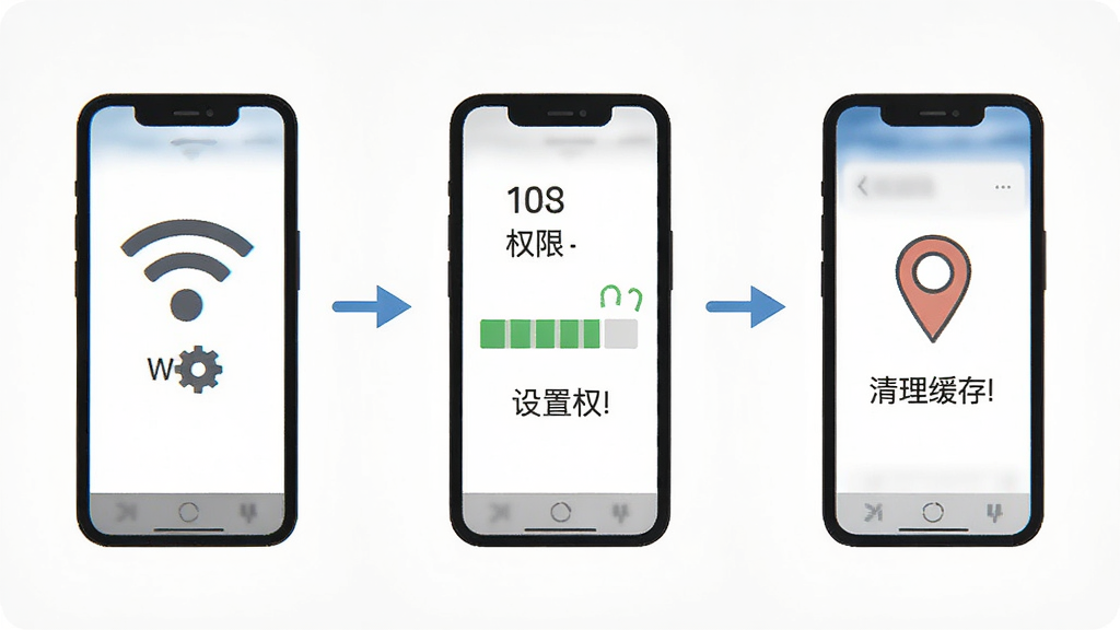 附近探约会使用指南场景,画面为手机连接wifi、设置权限、清理缓存的操作示意图,布局为三步流程式,风格简约清晰,细节包括齿轮图标、存储条、定位标识,画质干净,无多余元素