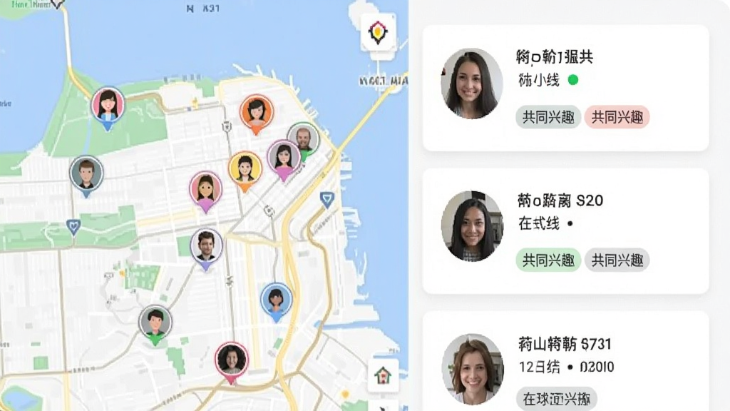 附近探约会附近推荐功能展示,画面左侧为地图上散布的彩色用户头像标记,右侧为卡片式用户信息列表,布局左右分栏,风格扁平化,细节包括距离数字、在线绿点、共同兴趣标签,画质干净,无多余元素