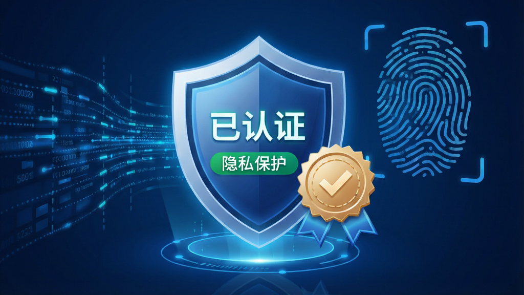 附近探约会安全审核功能展示,画面为盾牌图标与认证徽章,背景为数据流与指纹图案,布局居中,风格科技感,细节包括“已认证”、“隐私保护”字样,画质干净,无多余元素