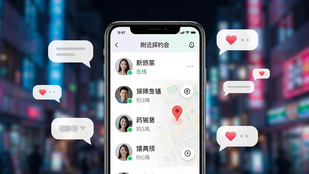 主视觉展示附近探约会应用界面,前景是手机屏幕中显示附近用户列表与地图定位,背景是模糊的城市夜景与霓虹灯光,布局采用手机居中、周围环绕聊天气泡与爱心图标,排版简洁现代,风格清新明亮,细节包括用户头像、在线状态、距离标识,画质高清,干净无多余元素