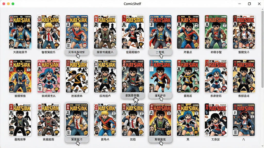ComicShelf����������ܹ���չʾ�����Խ�����ʾ����״��������ǽ��ÿ�������·��������Ʊ�ǩ�������ͣ����Ч����������Ƽ���ִ���ǳɫ�������鼮����ɫ�ʷḻ������ɾ����࣬�޶���Ԫ�أ���������Ⱦ