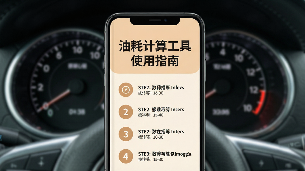 主体:手机屏幕上出现“油耗计算工具使用指南”封面,背景为汽车仪表盘。布局:手机居中,仪表盘模糊背景。排版:文字清晰,分步骤列出。风格:教学风格,色彩温和。细节:步骤图标简洁,画质高清,干净,无多余元素。