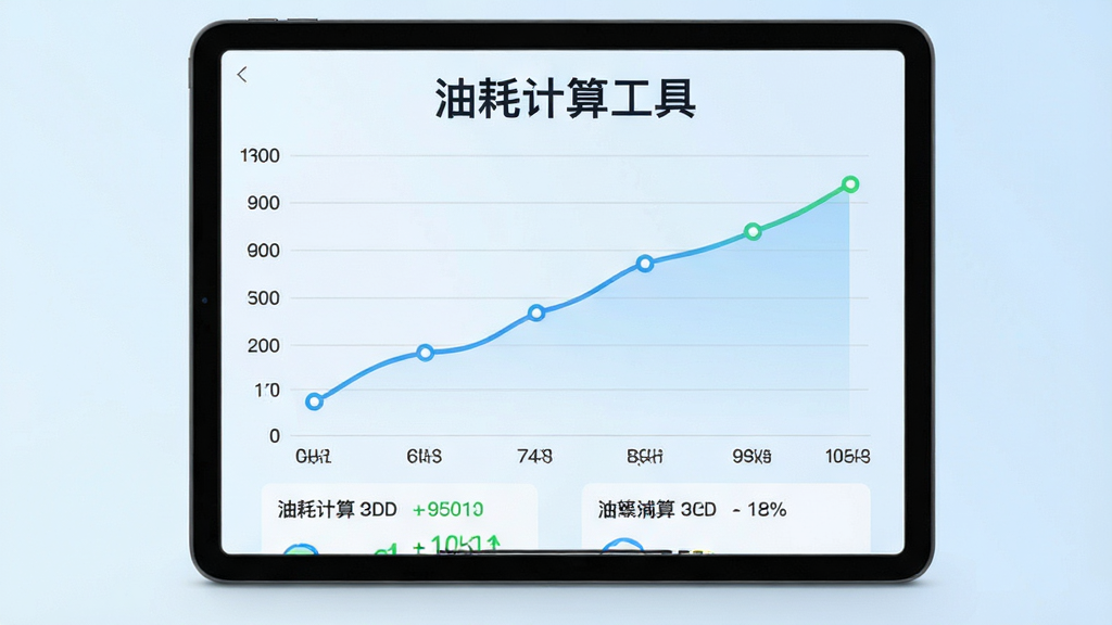 主体:平板电脑展示油耗趋势折线图,图表上有“油耗计算工具”字样。布局:平板居中,背景为淡蓝色渐变。排版:图表占屏幕大部分,下方有统计摘要。风格:商务简约风,图表线条流畅。细节:数据点清晰,坐标轴标注明确,画质高清,干净,无多余元素。